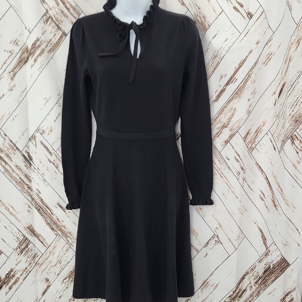 Boden Wool Cotton Blend  Black Long Sleeve Dress with Ruffle Neckline and Wrists